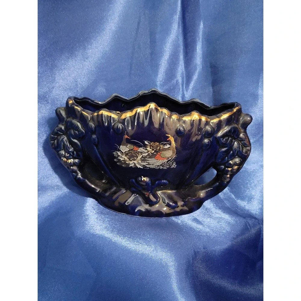 Porcelain Decorative Bowl Cobalt Blue with Hand-painted Gold Trim and Birds